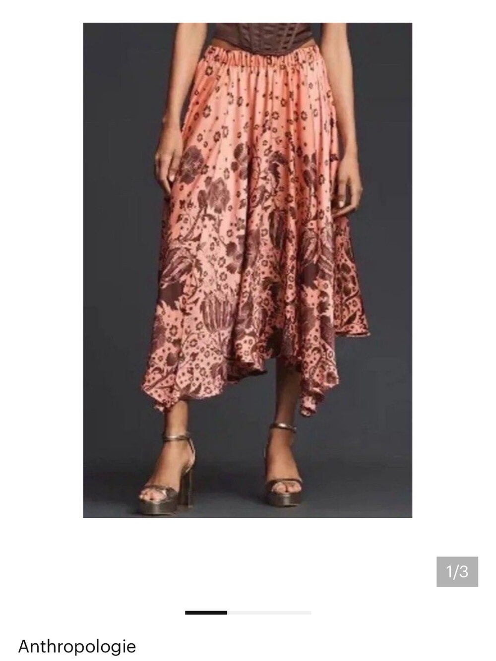 Anthropologie Pink and Brown Asymmetrical Floral Midi Skirt